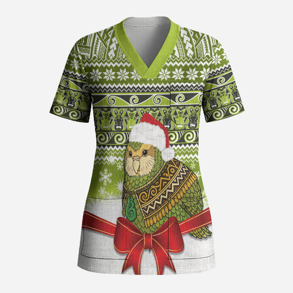 New Zealand Kakapo Christmas Scrub Top Maori Inspired Knitted Patterns LT9 Adult Green - Polynesian Pride