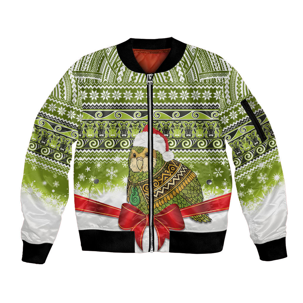 New Zealand Kakapo Christmas Sleeve Zip Bomber Jacket Maori Inspired Knitted Patterns LT9 Unisex Green - Polynesian Pride