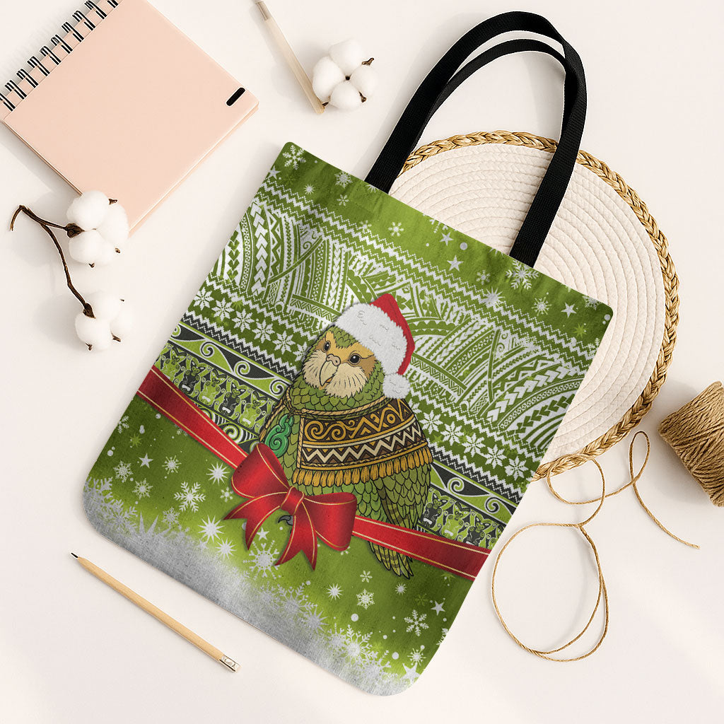 New Zealand Kakapo Christmas Tote Bag Maori Inspired Knitted Patterns LT9 Black Strap One Size Green - Polynesian Pride