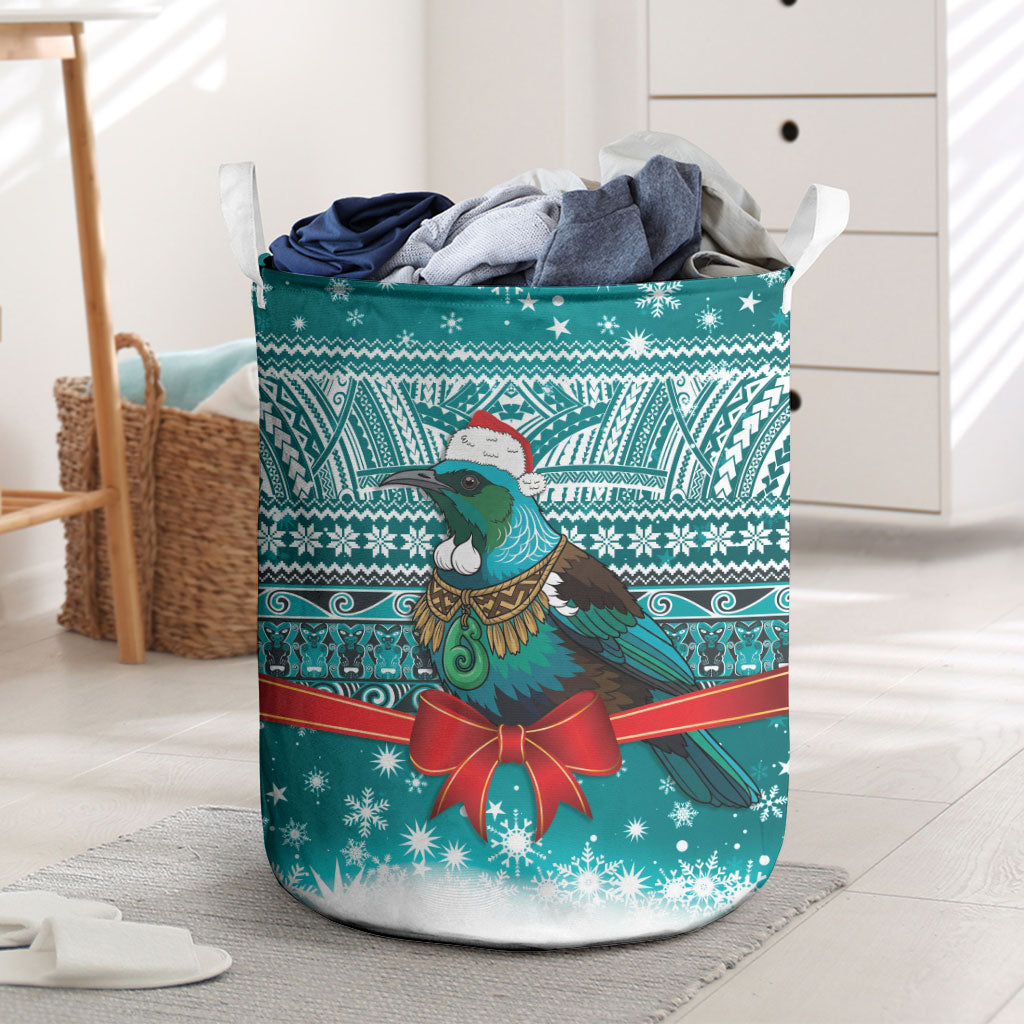 New Zealand Tui Bird Christmas Laundry Basket Maori Inspired Knitted Patterns LT9 Turquoise - Polynesian Pride