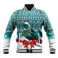 New Zealand Tui Bird Christmas Baseball Jacket Maori Inspired Knitted Patterns LT9 Unisex Turquoise - Polynesian Pride