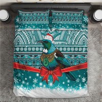 New Zealand Tui Bird Christmas Bedding Set Maori Inspired Knitted Patterns LT9 Turquoise - Polynesian Pride