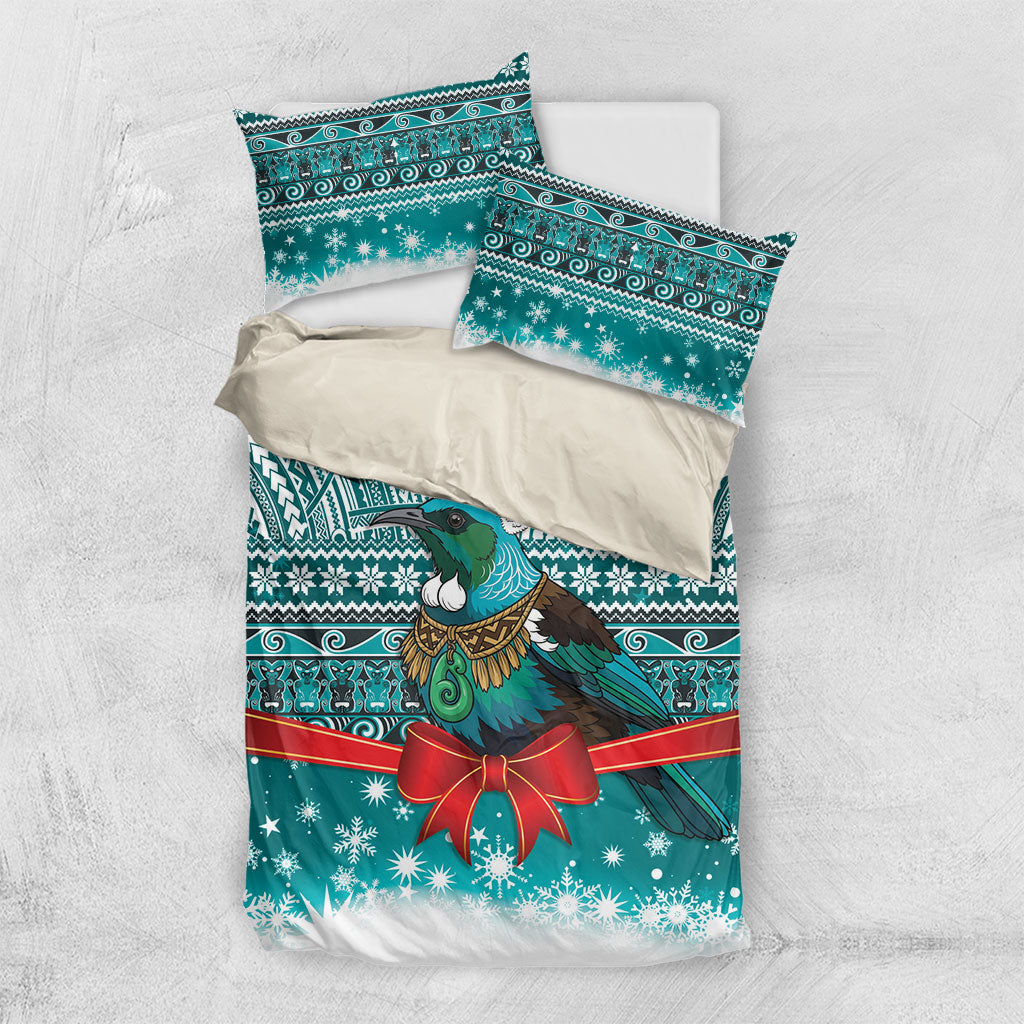 New Zealand Tui Bird Christmas Bedding Set Maori Inspired Knitted Patterns LT9 US Twin 172cm x 218cm Turquoise - Polynesian Pride