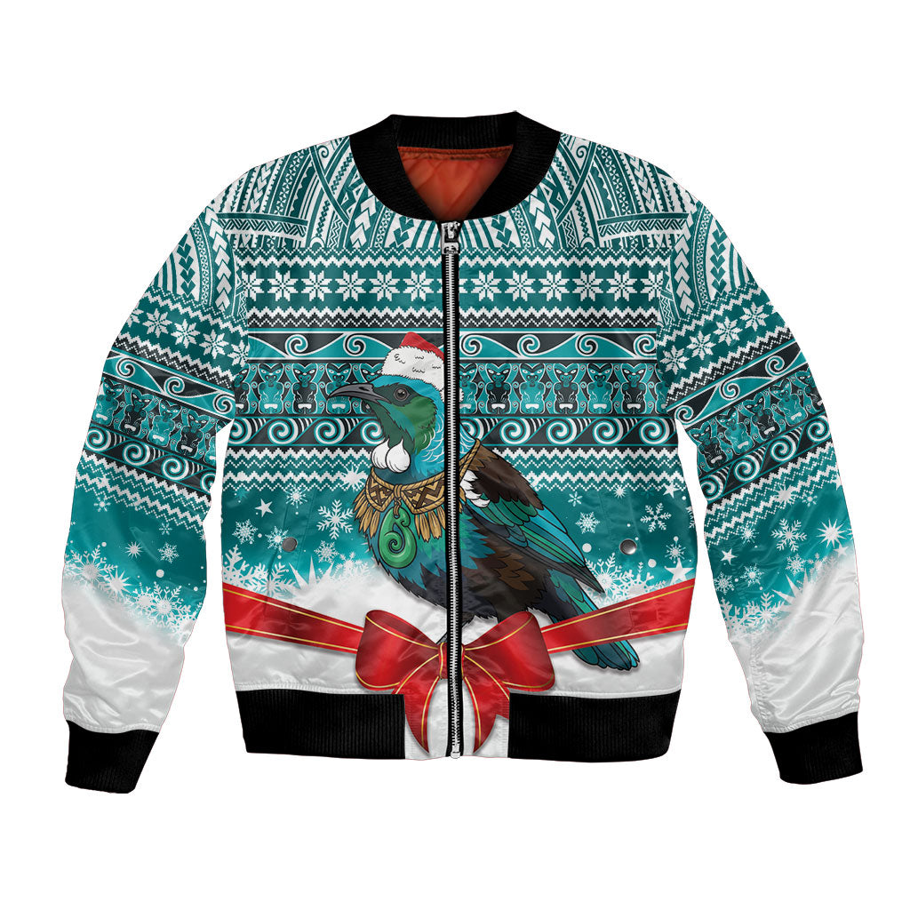 New Zealand Tui Bird Christmas Bomber Jacket Maori Inspired Knitted Patterns LT9 Unisex Turquoise - Polynesian Pride