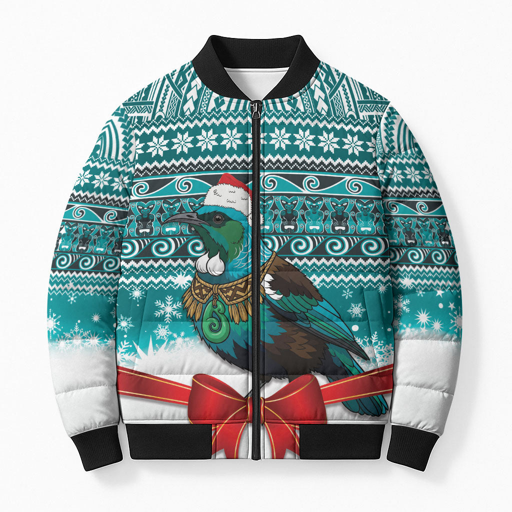 New Zealand Tui Bird Christmas Bomber Puffer Jacket Maori Inspired Knitted Patterns LT9 Unisex Turquoise - Polynesian Pride