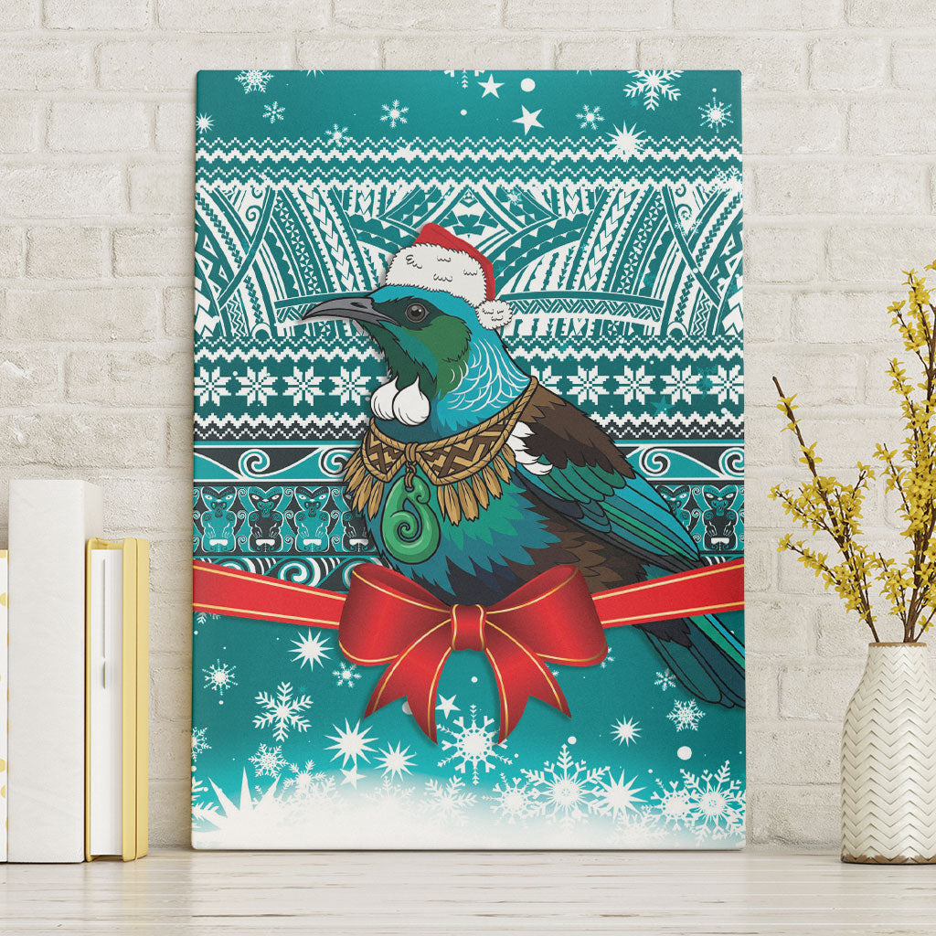 New Zealand Tui Bird Christmas Canvas Wall Art Maori Inspired Knitted Patterns LT9 Without Frame Turquoise - Polynesian Pride