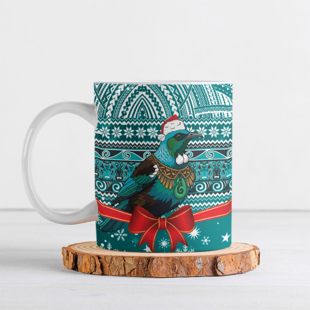 New Zealand Tui Bird Christmas Ceramic Mug Maori Inspired Knitted Patterns LT9 Turquoise - Polynesian Pride