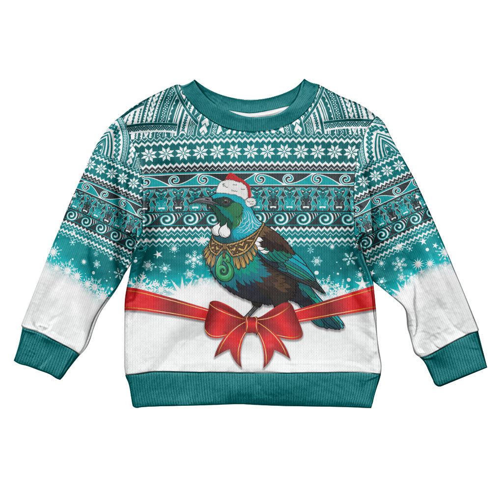 New Zealand Tui Bird Christmas Kid Ugly Christmas Sweater Maori Inspired Knitted Patterns LT9 Kid Turquoise - Polynesian Pride