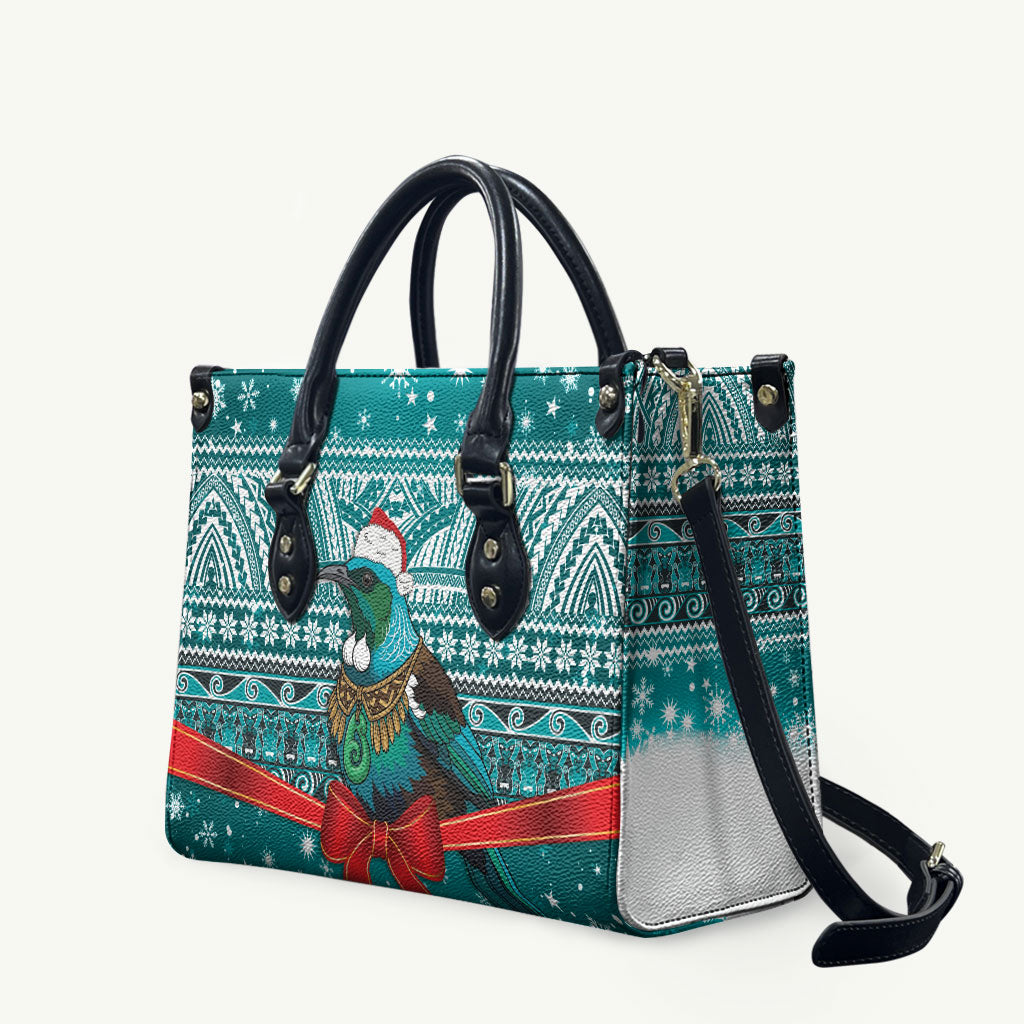 New Zealand Tui Bird Christmas Leather Bag Maori Inspired Knitted Patterns LT9 Turquoise - Polynesian Pride