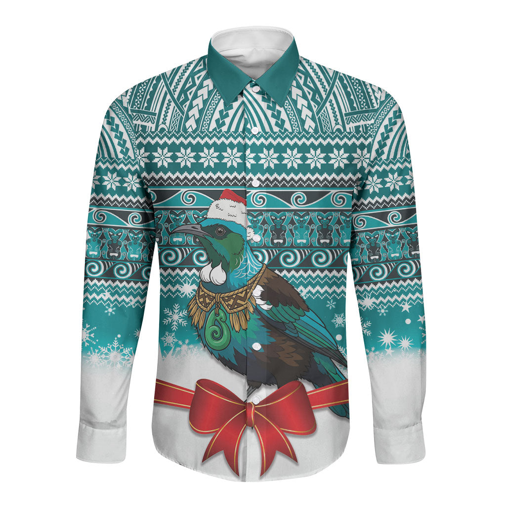 New Zealand Tui Bird Christmas Long Sleeve Button Shirt Maori Inspired Knitted Patterns LT9 Unisex Turquoise - Polynesian Pride