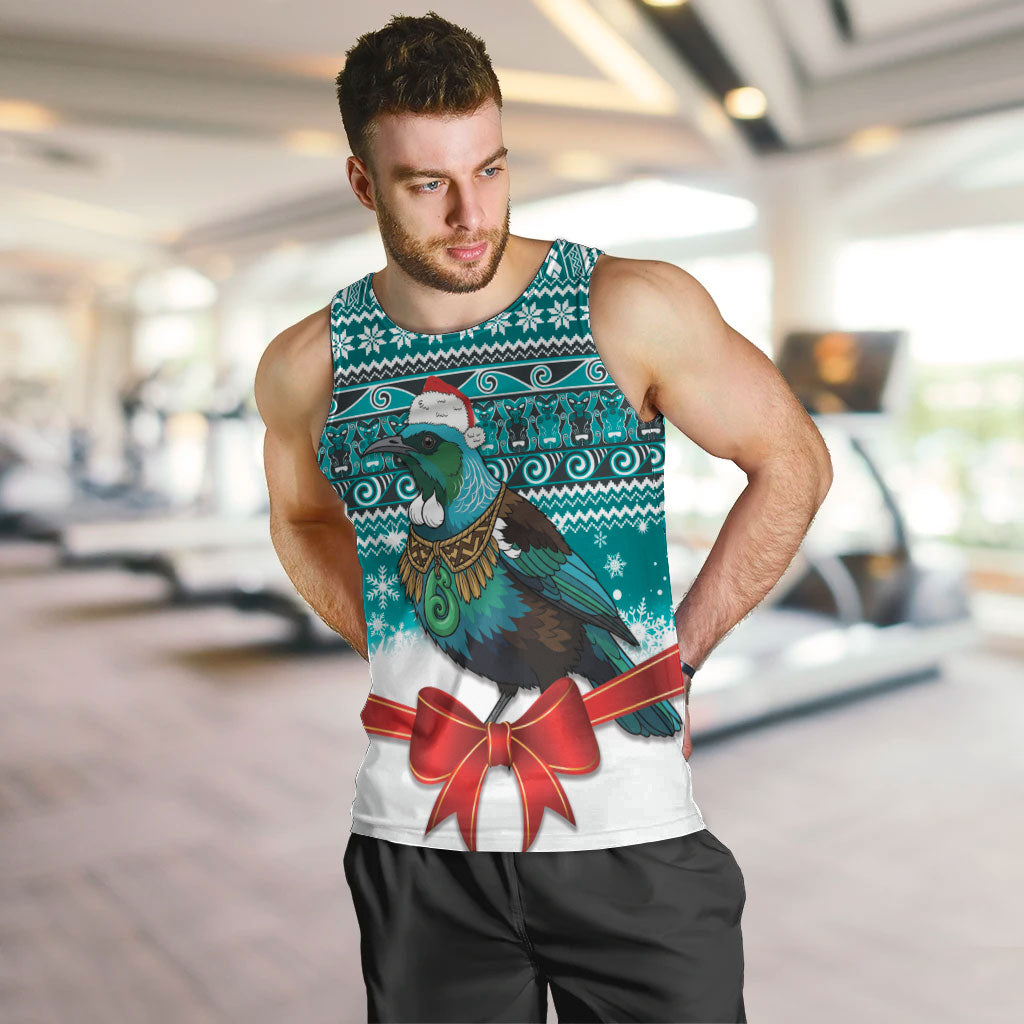 New Zealand Tui Bird Christmas Men Tank Top Maori Inspired Knitted Patterns LT9 Turquoise - Polynesian Pride
