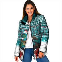 New Zealand Tui Bird Christmas Padded Jacket Maori Inspired Knitted Patterns LT9 Women Turquoise - Polynesian Pride