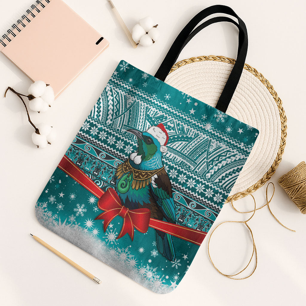 New Zealand Tui Bird Christmas Tote Bag Maori Inspired Knitted Patterns LT9 Black Strap One Size Turquoise - Polynesian Pride