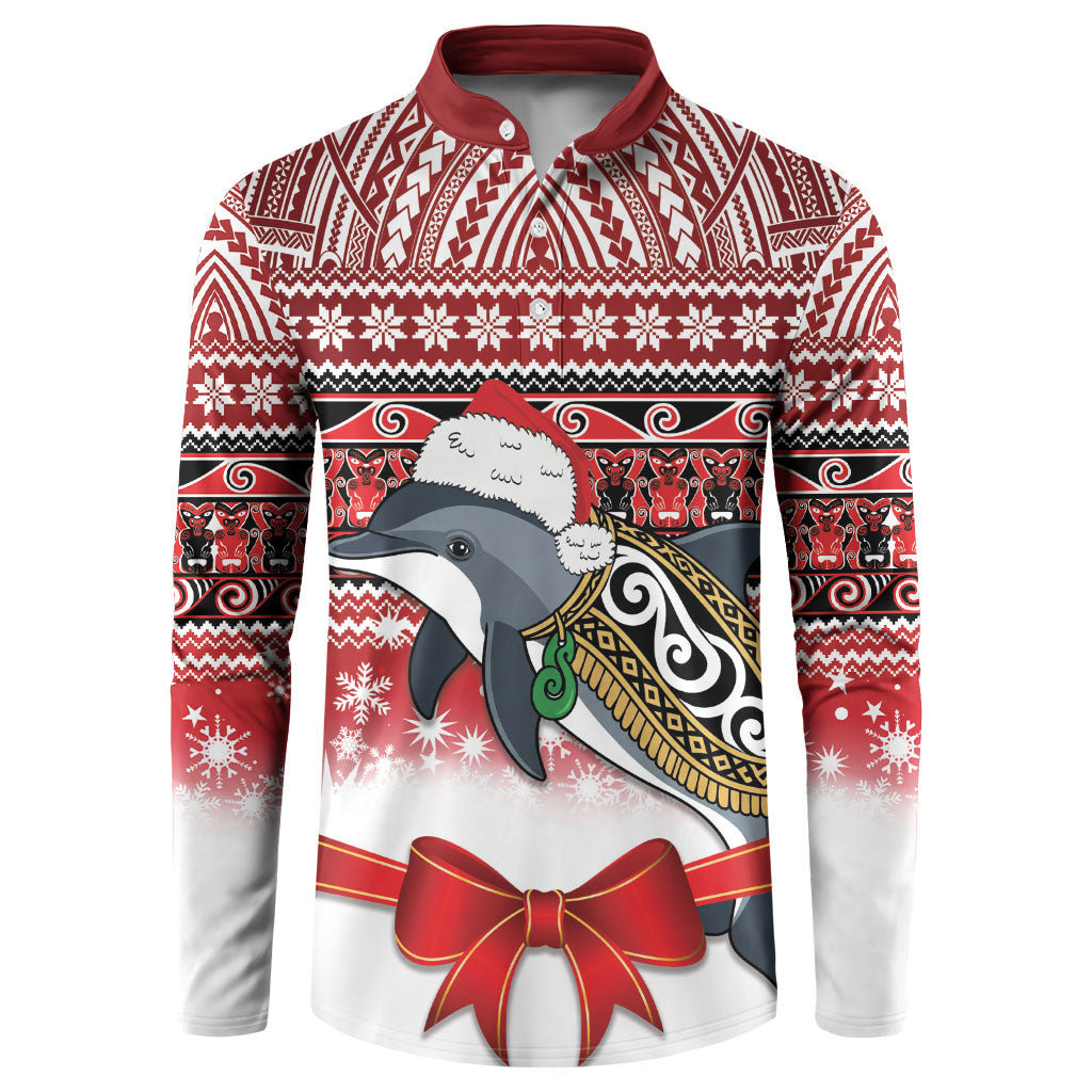 New Zealand Dolphin Terehu Christmas Button Sweatshirt Maori Inspired Knitted Patterns LT9 Red - Polynesian Pride