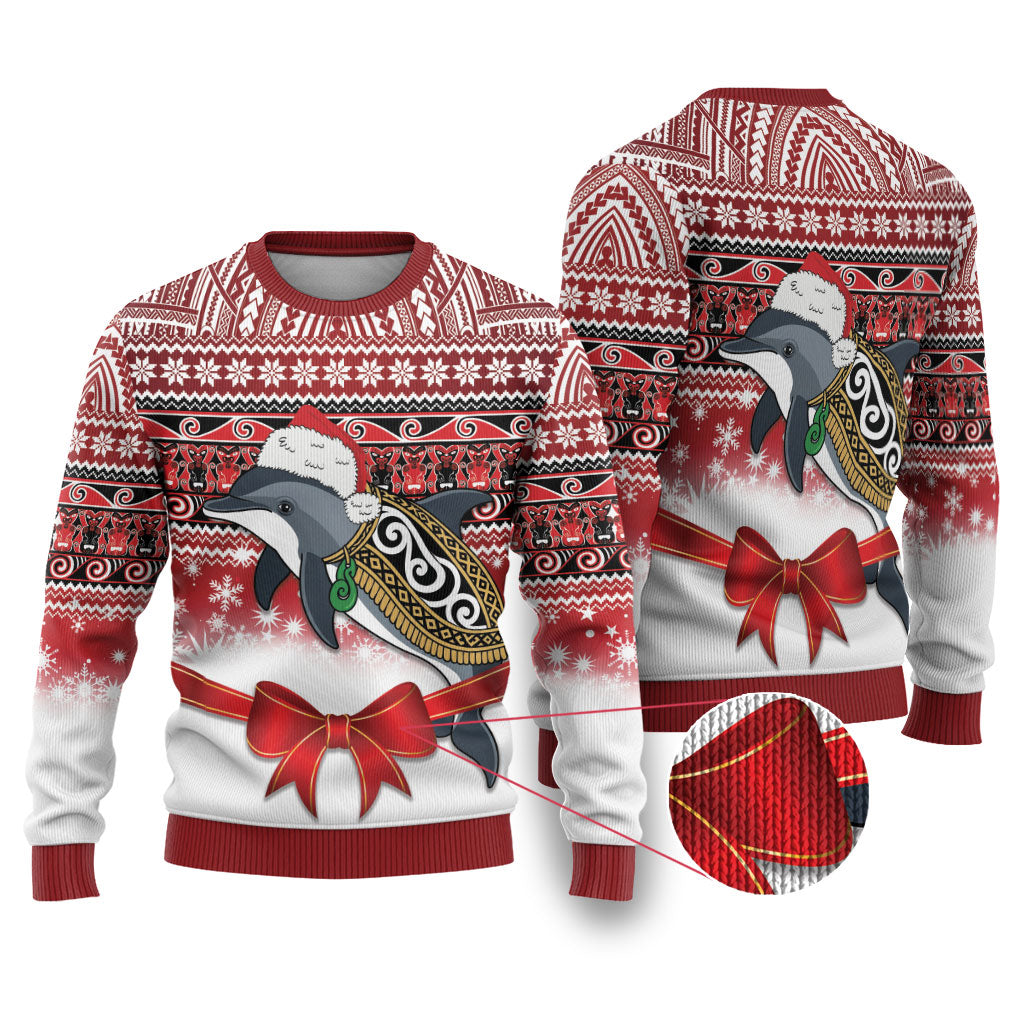 New Zealand Dolphin Terehu Christmas Ugly Christmas Sweater Maori Inspired Knitted Patterns LT9 Red - Polynesian Pride