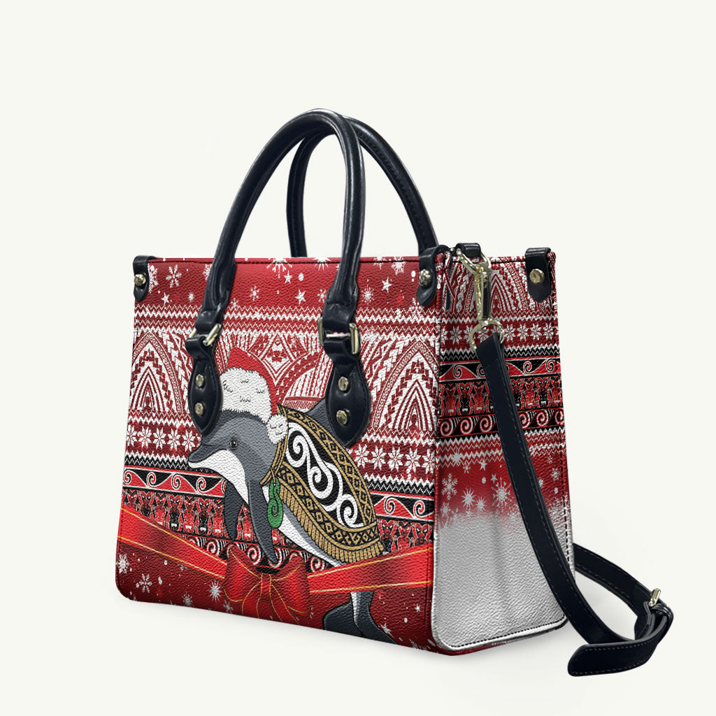 New Zealand Dolphin Terehu Christmas Leather Bag Maori Inspired Knitted Patterns LT9 Red - Polynesian Pride