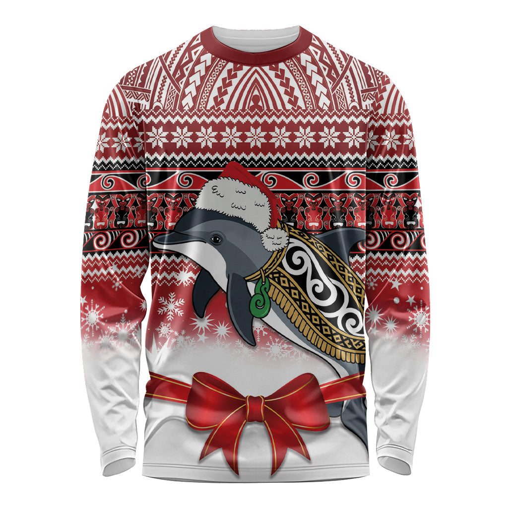New Zealand Dolphin Terehu Christmas Long Sleeve Shirt Maori Inspired Knitted Patterns LT9 Unisex Red - Polynesian Pride