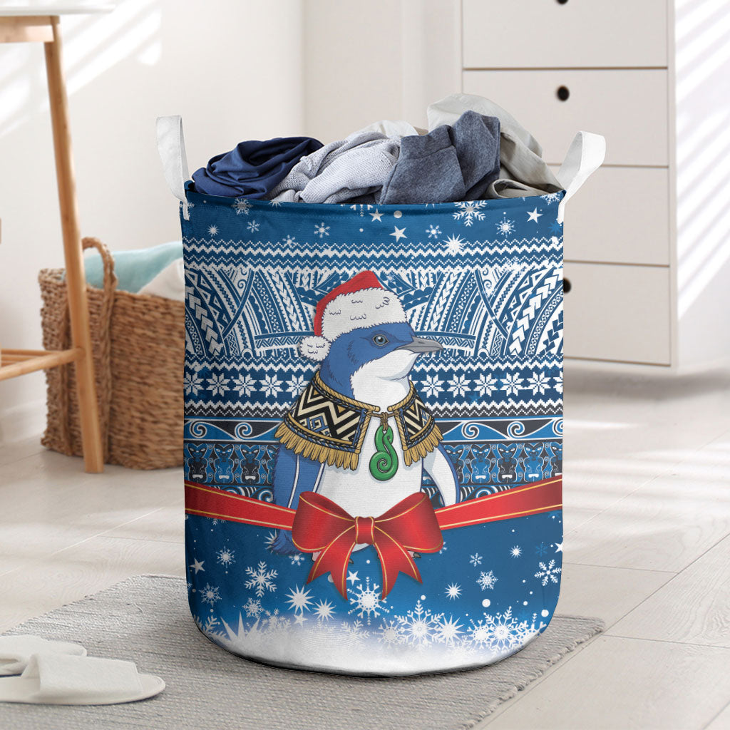 New Zealand Fairy Penguin Korora Christmas Laundry Basket Maori Inspired Knitted Patterns LT9 Blue - Polynesian Pride