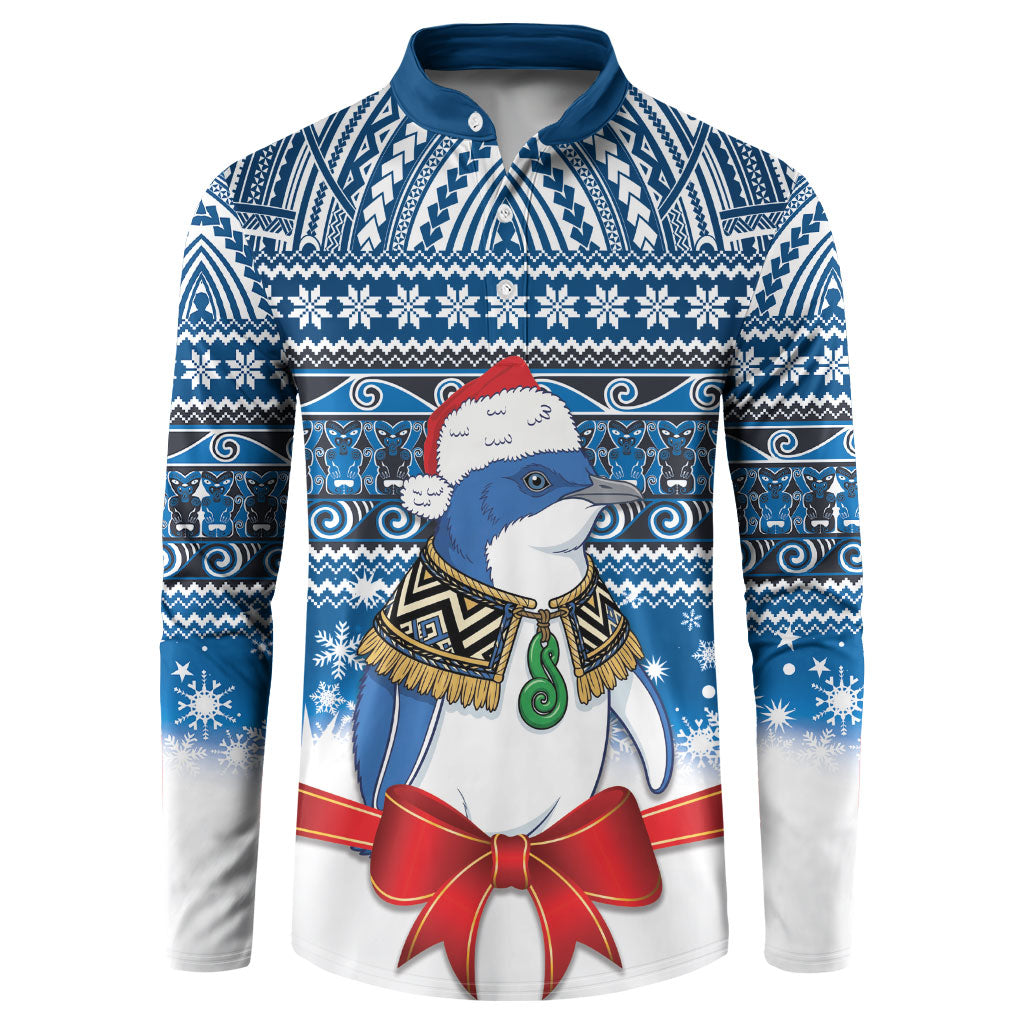 New Zealand Fairy Penguin Korora Christmas Button Sweatshirt Maori Inspired Knitted Patterns LT9 Blue - Polynesian Pride