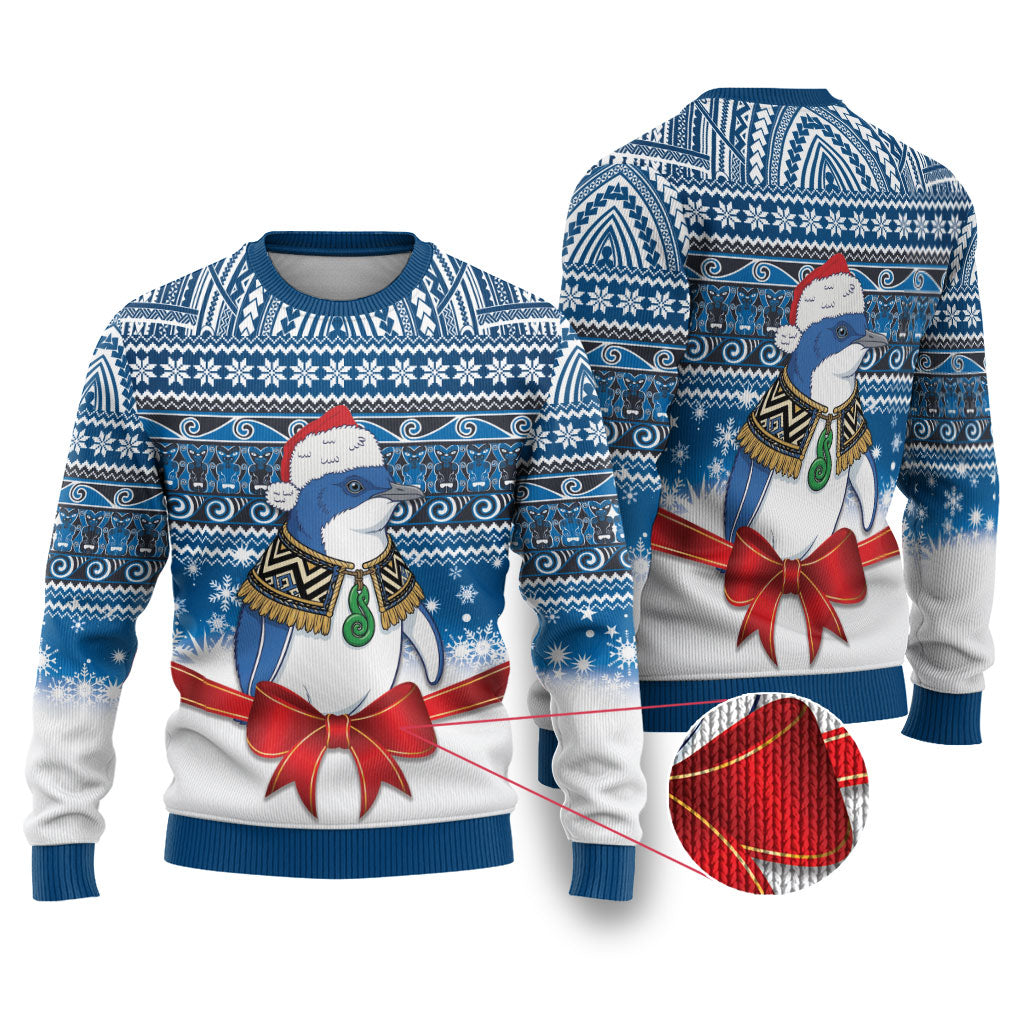 New Zealand Fairy Penguin Korora Christmas Ugly Christmas Sweater Maori Inspired Knitted Patterns LT9 Blue - Polynesian Pride