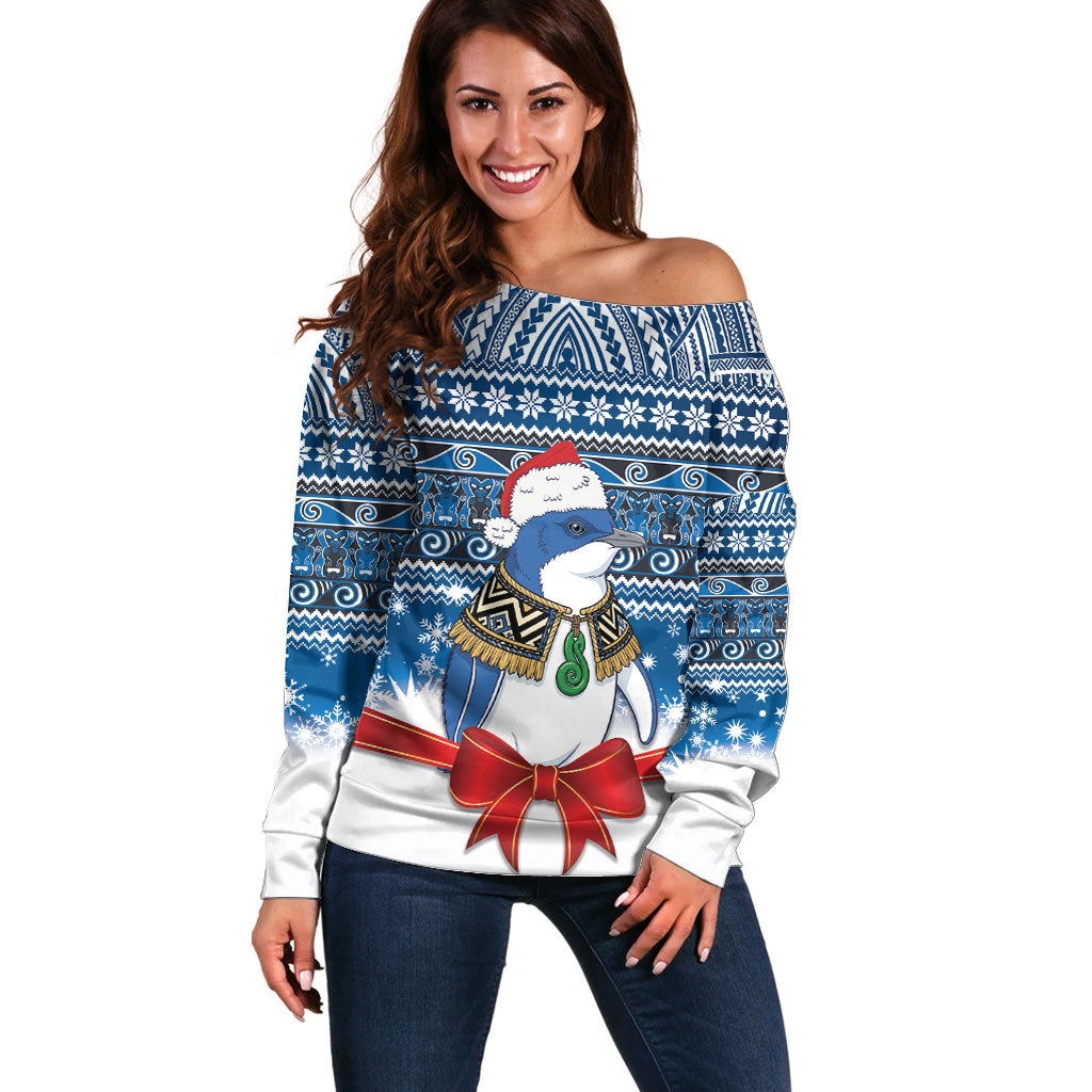 New Zealand Fairy Penguin Korora Christmas Off Shoulder Sweater Maori Inspired Knitted Patterns LT9 Women Blue - Polynesian Pride