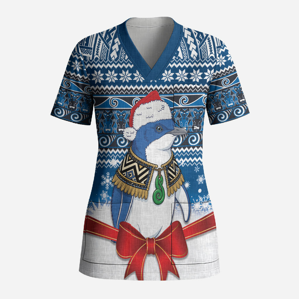 New Zealand Fairy Penguin Korora Christmas Scrub Top Maori Inspired Knitted Patterns LT9 Adult Blue - Polynesian Pride