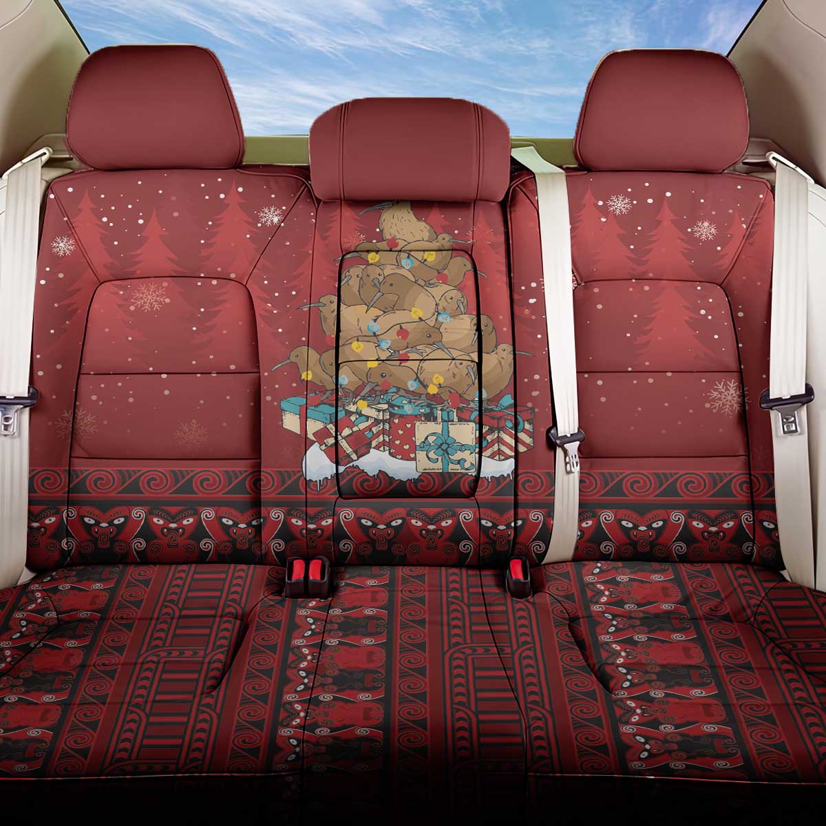 Funny Kiwi Bird Xmas Tree Back Car Seat Cover New Zealand Tribal Christmas Spirit LT9 One Size Red - Polynesian Pride