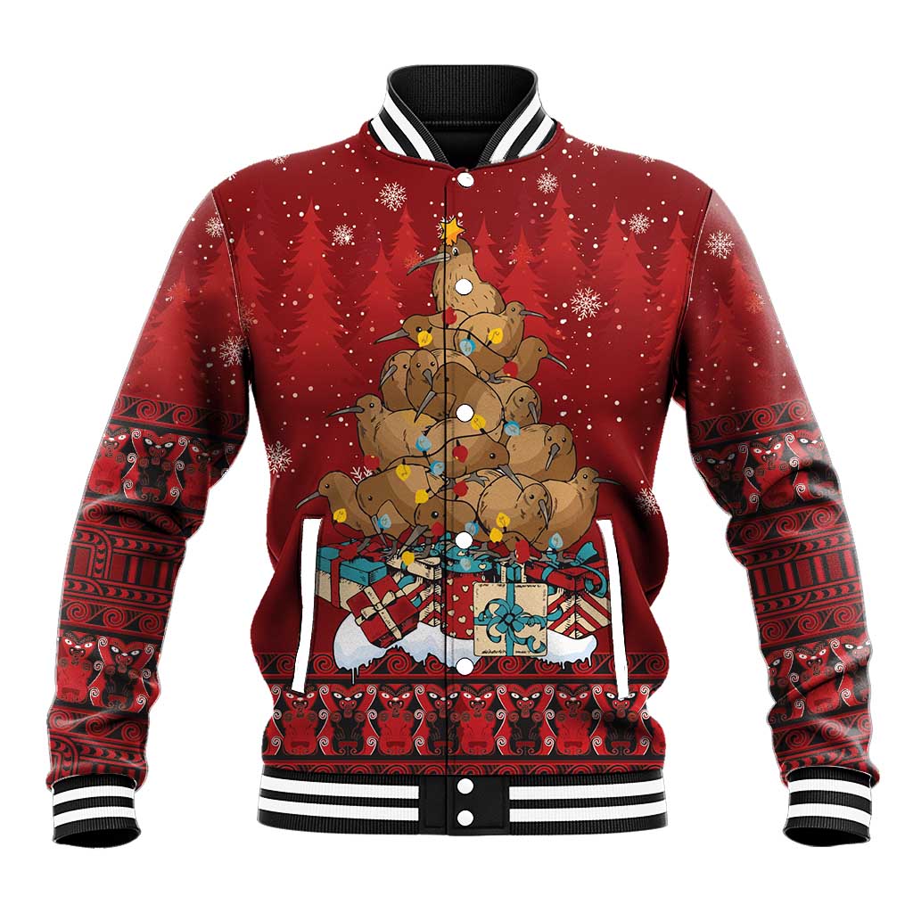 Funny Kiwi Bird Xmas Tree Baseball Jacket New Zealand Tribal Christmas Spirit LT9 Unisex Red - Polynesian Pride