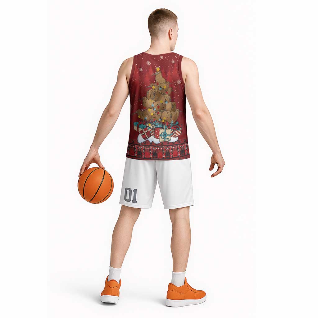 Funny Kiwi Bird Xmas Tree Basketball Jersey New Zealand Tribal Christmas Spirit LT9 - Polynesian Pride