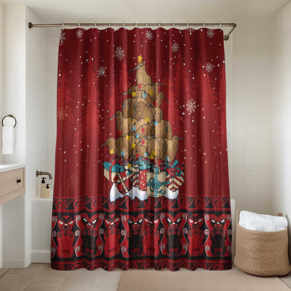 Funny Kiwi Bird Xmas Tree Bathroom Set New Zealand Tribal Christmas Spirit LT9 Shower Curtain Only Red - Polynesian Pride