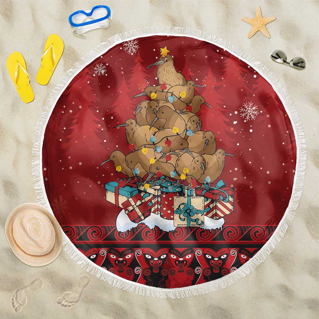 Funny Kiwi Bird Xmas Tree Beach Blanket New Zealand Tribal Christmas Spirit LT9 One Size 150cm Red - Polynesian Pride