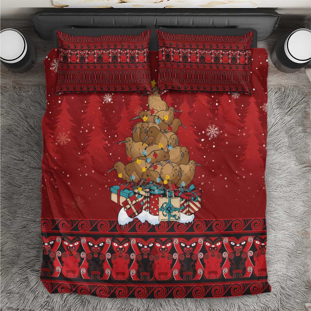 Funny Kiwi Bird Xmas Tree Bedding Set New Zealand Tribal Christmas Spirit LT9 Red - Polynesian Pride