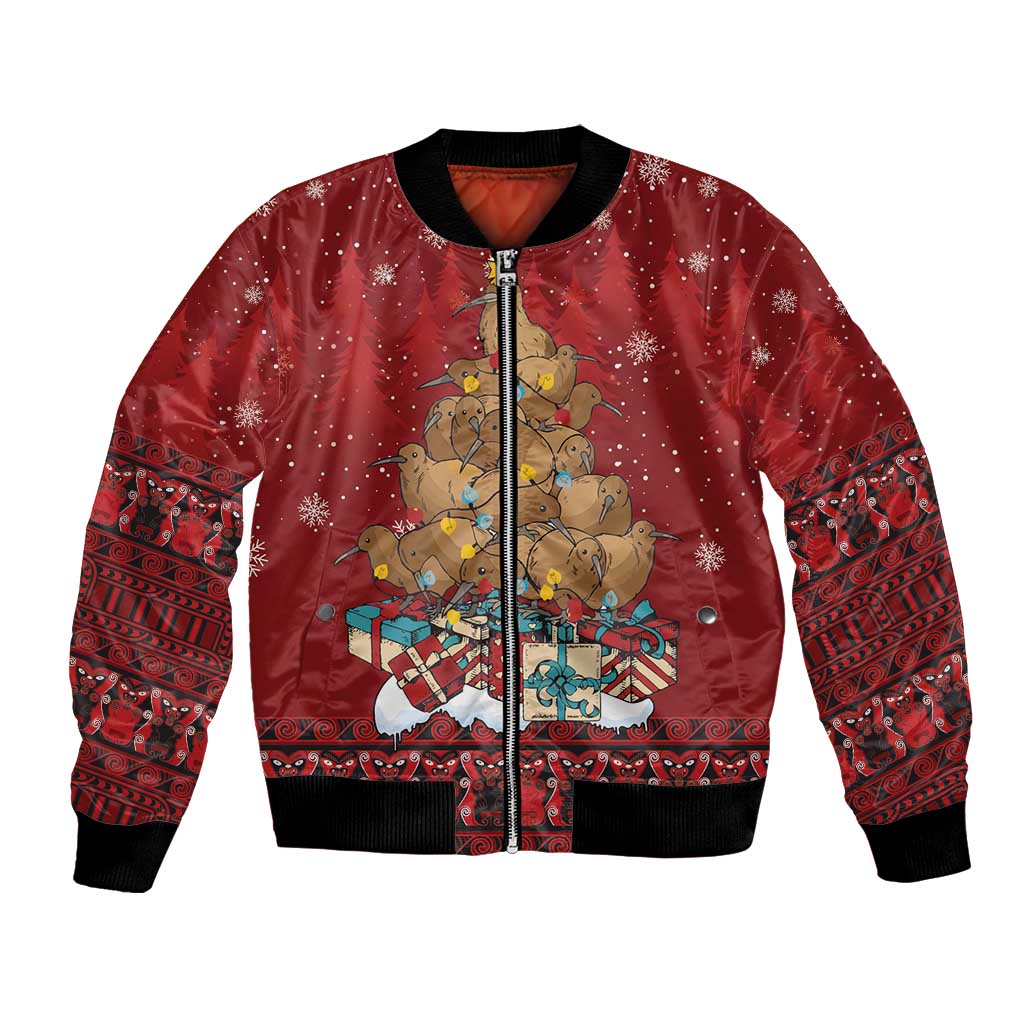 Funny Kiwi Bird Xmas Tree Bomber Jacket New Zealand Tribal Christmas Spirit LT9 Unisex Red - Polynesian Pride