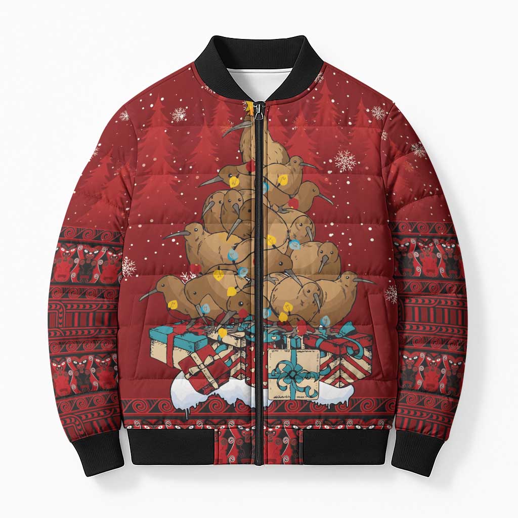 Funny Kiwi Bird Xmas Tree Bomber Puffer Jacket New Zealand Tribal Christmas Spirit LT9 Unisex Red - Polynesian Pride