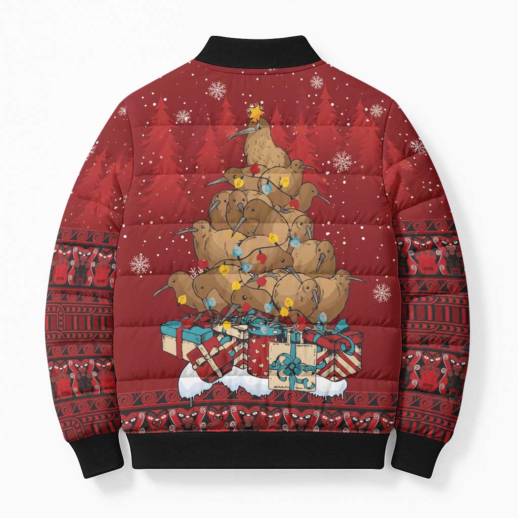 Funny Kiwi Bird Xmas Tree Bomber Puffer Jacket New Zealand Tribal Christmas Spirit LT9 - Polynesian Pride