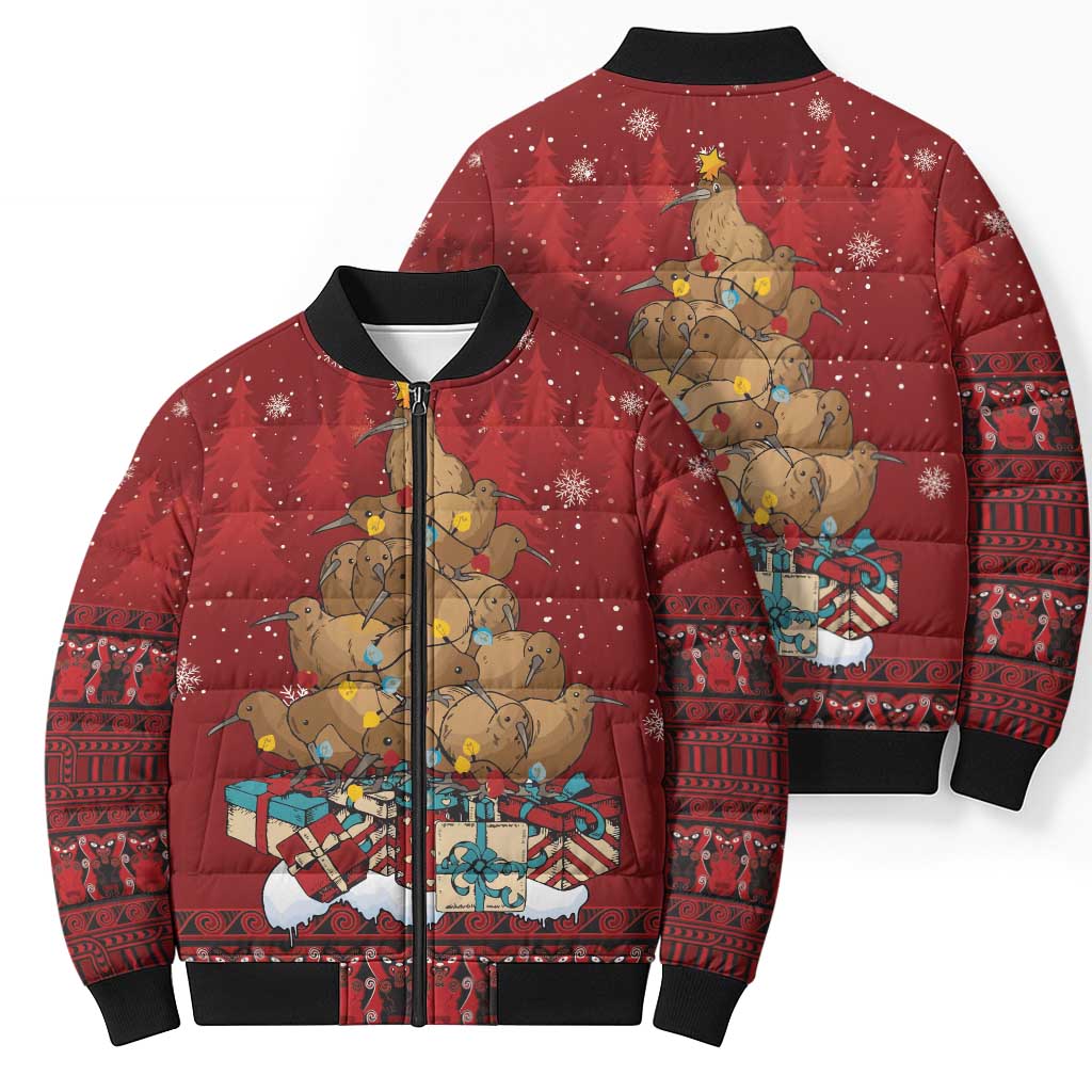 Funny Kiwi Bird Xmas Tree Bomber Puffer Jacket New Zealand Tribal Christmas Spirit LT9 - Polynesian Pride