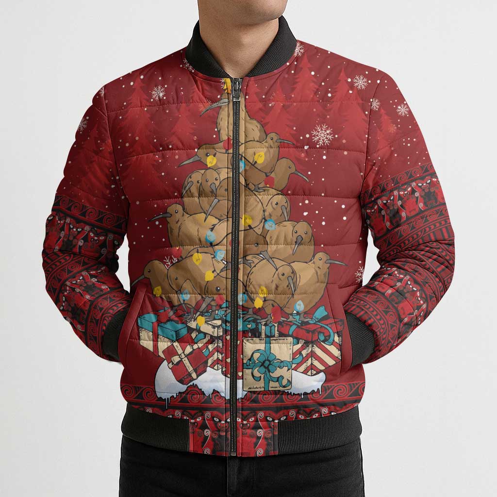 Funny Kiwi Bird Xmas Tree Bomber Puffer Jacket New Zealand Tribal Christmas Spirit LT9 - Polynesian Pride