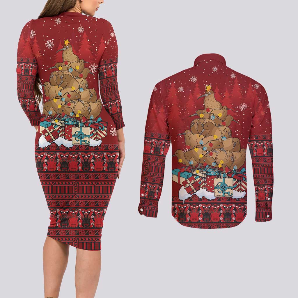 Funny Kiwi Bird Xmas Tree Couples Matching Long Sleeve Bodycon Dress and Long Sleeve Button Shirt New Zealand Tribal Christmas Spirit LT9 - Polynesian Pride