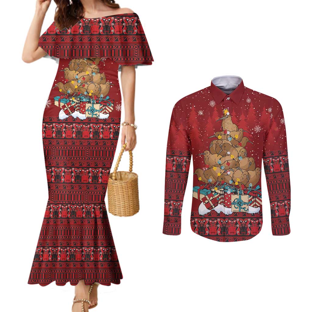 Funny Kiwi Bird Xmas Tree Couples Matching Mermaid Dress and Long Sleeve Button Shirt New Zealand Tribal Christmas Spirit - Polynesian Pride