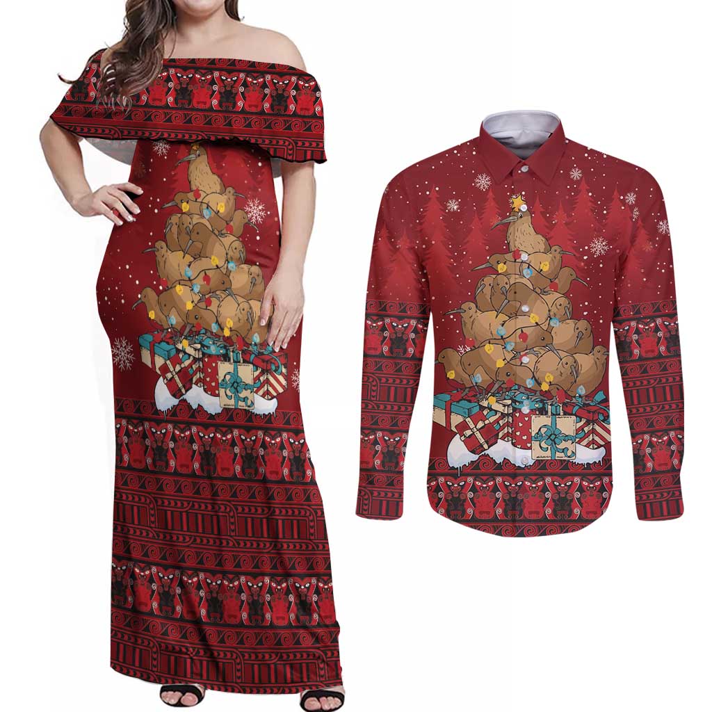 Funny Kiwi Bird Xmas Tree Couples Matching Off Shoulder Maxi Dress and Long Sleeve Button Shirt New Zealand Tribal Christmas Spirit LT9 Red - Polynesian Pride