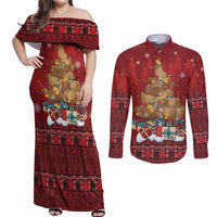 Funny Kiwi Bird Xmas Tree Couples Matching Off Shoulder Maxi Dress and Long Sleeve Button Shirt New Zealand Tribal Christmas Spirit LT9 Red - Polynesian Pride