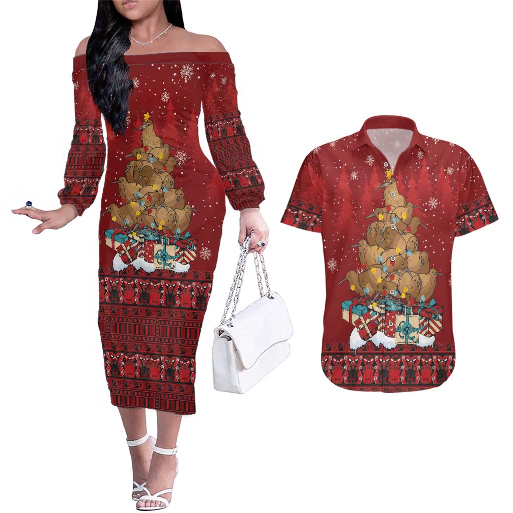Funny Kiwi Bird Xmas Tree Couples Matching Off The Shoulder Long Sleeve Dress and Hawaiian Shirt New Zealand Tribal Christmas Spirit - Polynesian Pride