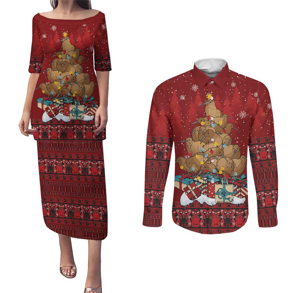 Funny Kiwi Bird Xmas Tree Couples Matching Puletasi and Long Sleeve Button Shirt New Zealand Tribal Christmas Spirit LT9 Red - Polynesian Pride