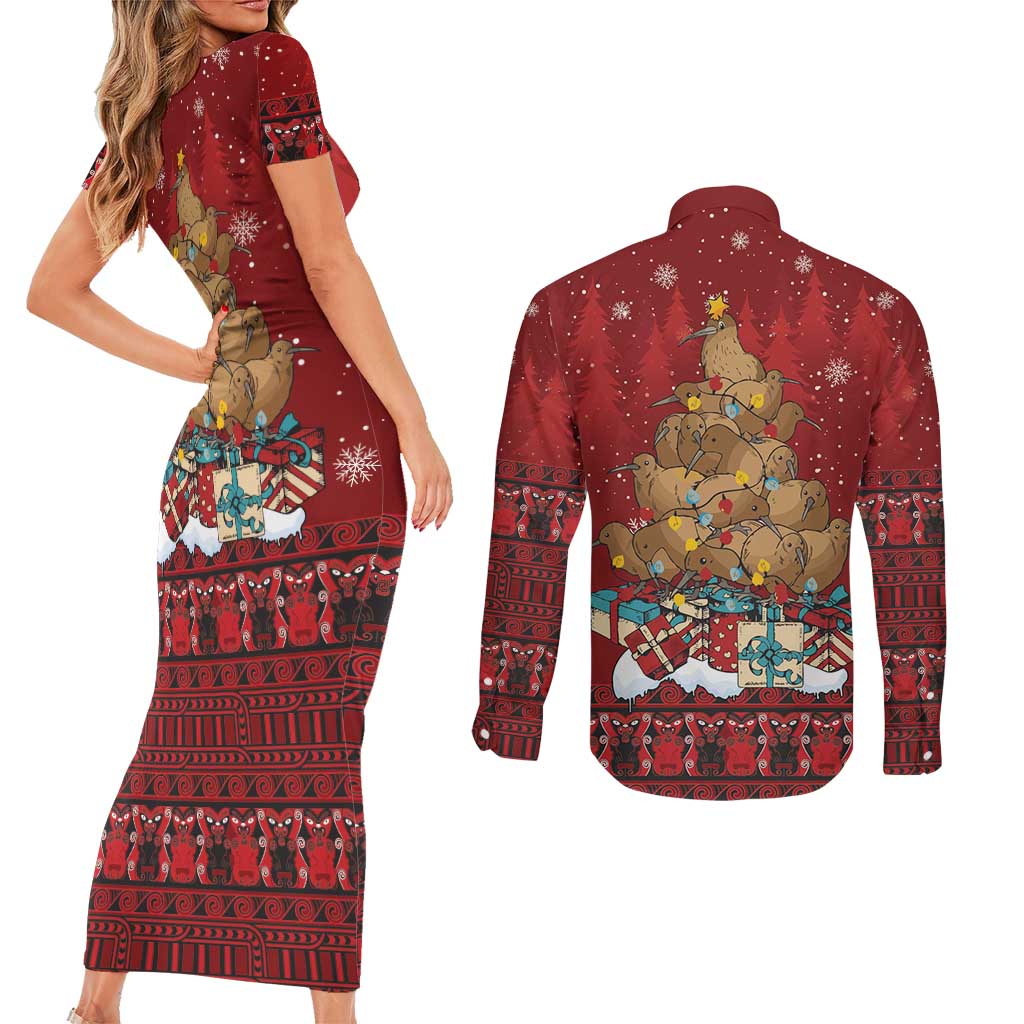 Funny Kiwi Bird Xmas Tree Couples Matching Short Sleeve Bodycon Dress and Long Sleeve Button Shirt New Zealand Tribal Christmas Spirit LT9 - Polynesian Pride