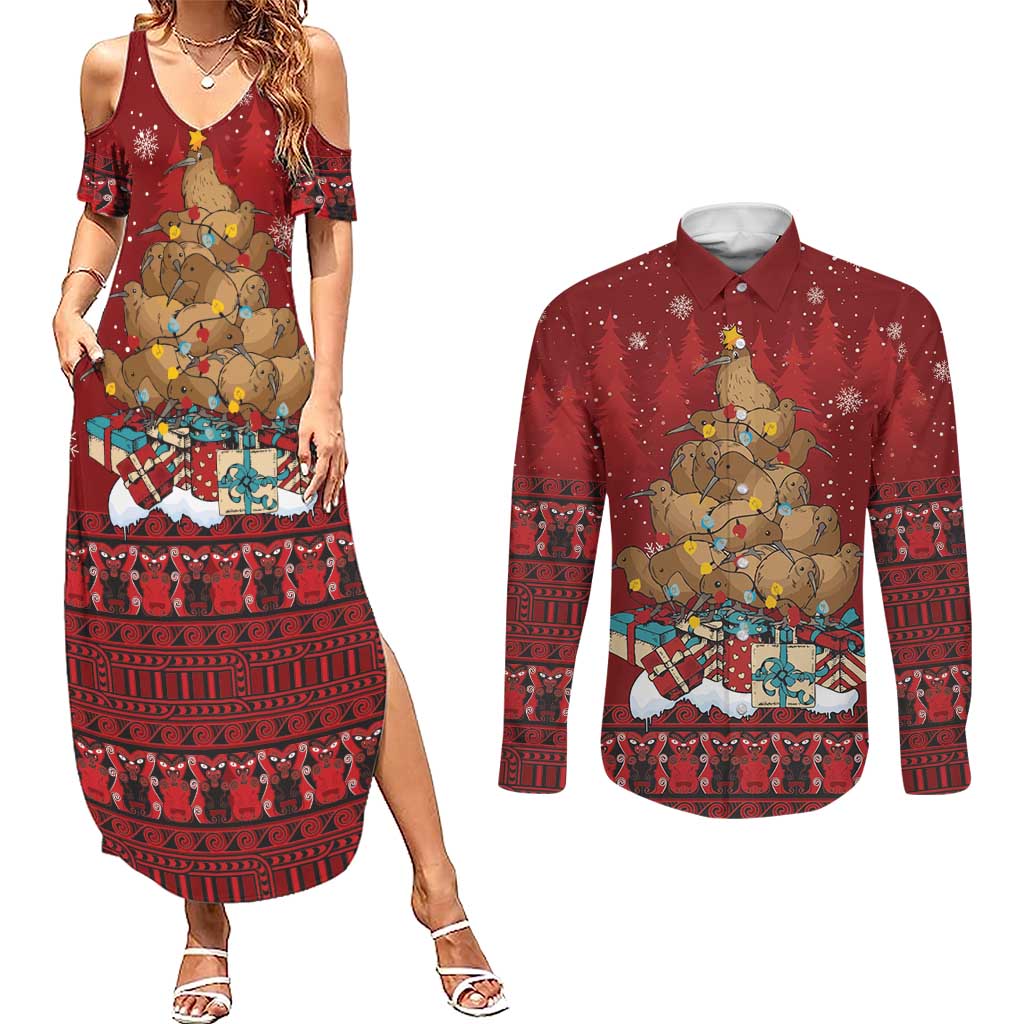 Funny Kiwi Bird Xmas Tree Couples Matching Summer Maxi Dress and Long Sleeve Button Shirt New Zealand Tribal Christmas Spirit LT9 Red - Polynesian Pride