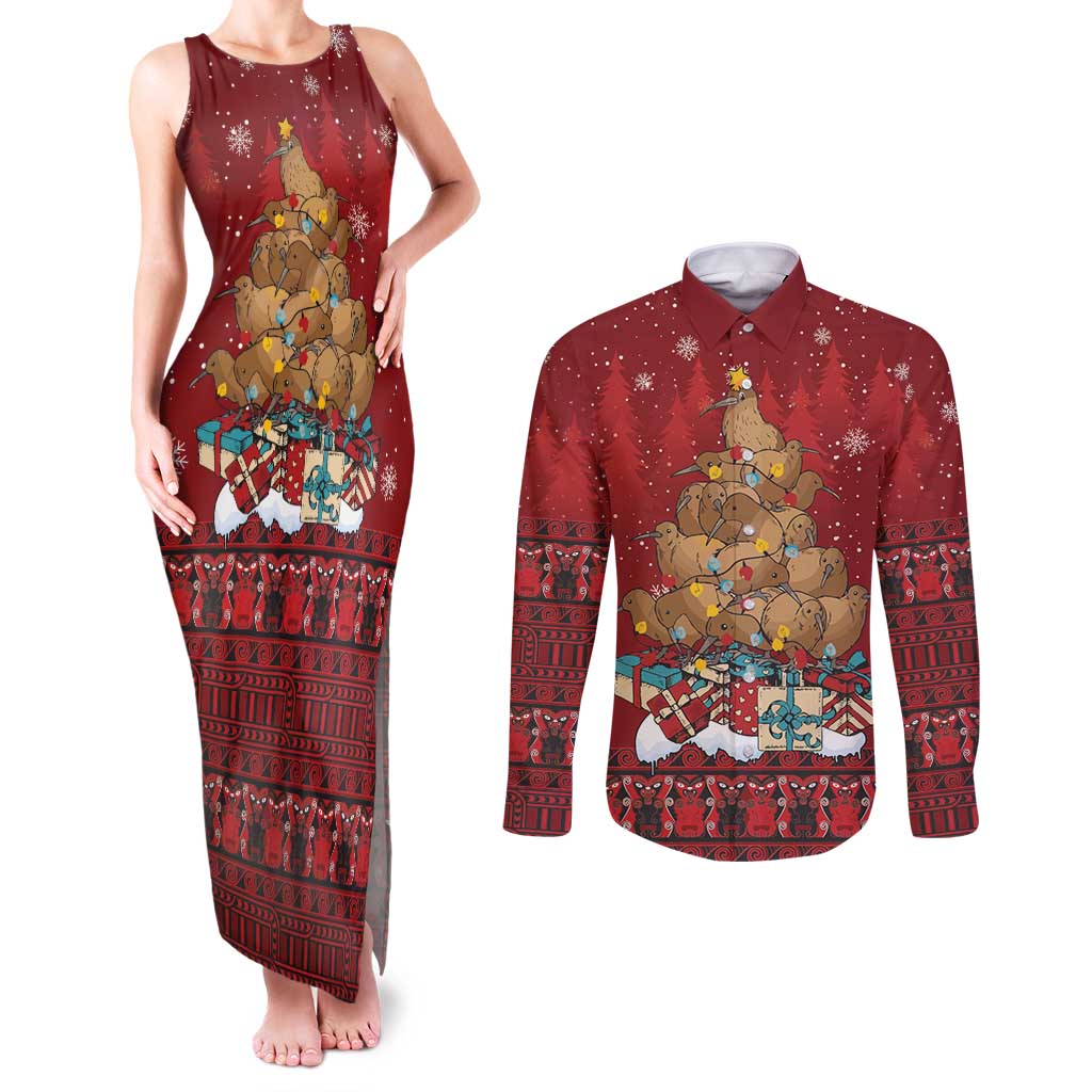 Funny Kiwi Bird Xmas Tree Couples Matching Tank Maxi Dress and Long Sleeve Button Shirt New Zealand Tribal Christmas Spirit - Polynesian Pride