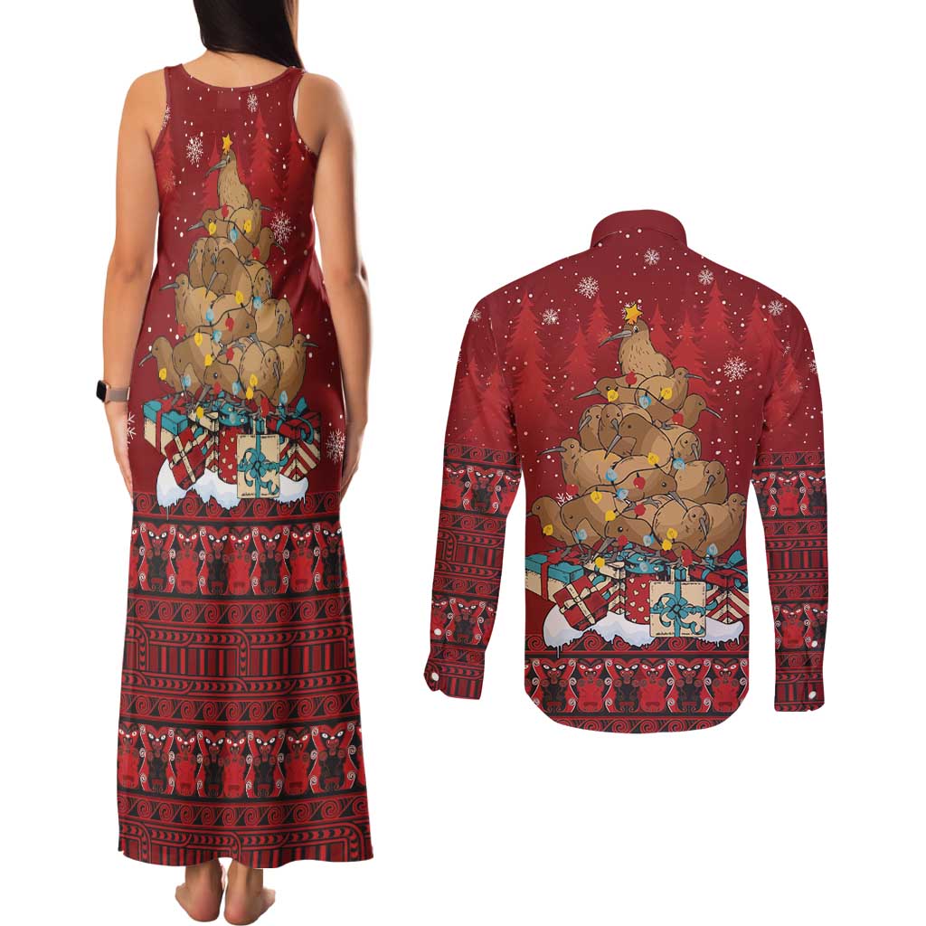 Funny Kiwi Bird Xmas Tree Couples Matching Tank Maxi Dress and Long Sleeve Button Shirt New Zealand Tribal Christmas Spirit LT9 - Polynesian Pride