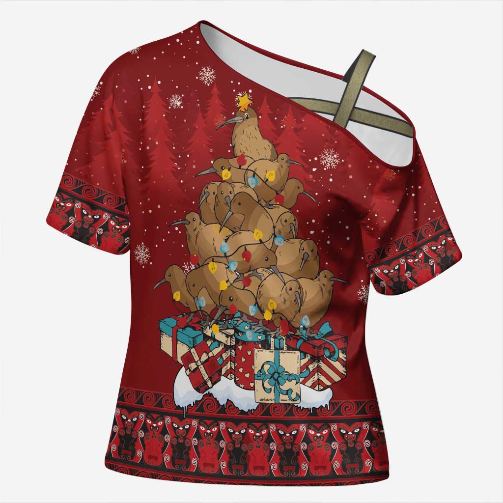 Funny Kiwi Bird Xmas Tree Cross Shoulder Shirt New Zealand Tribal Christmas Spirit LT9 Female Red - Polynesian Pride