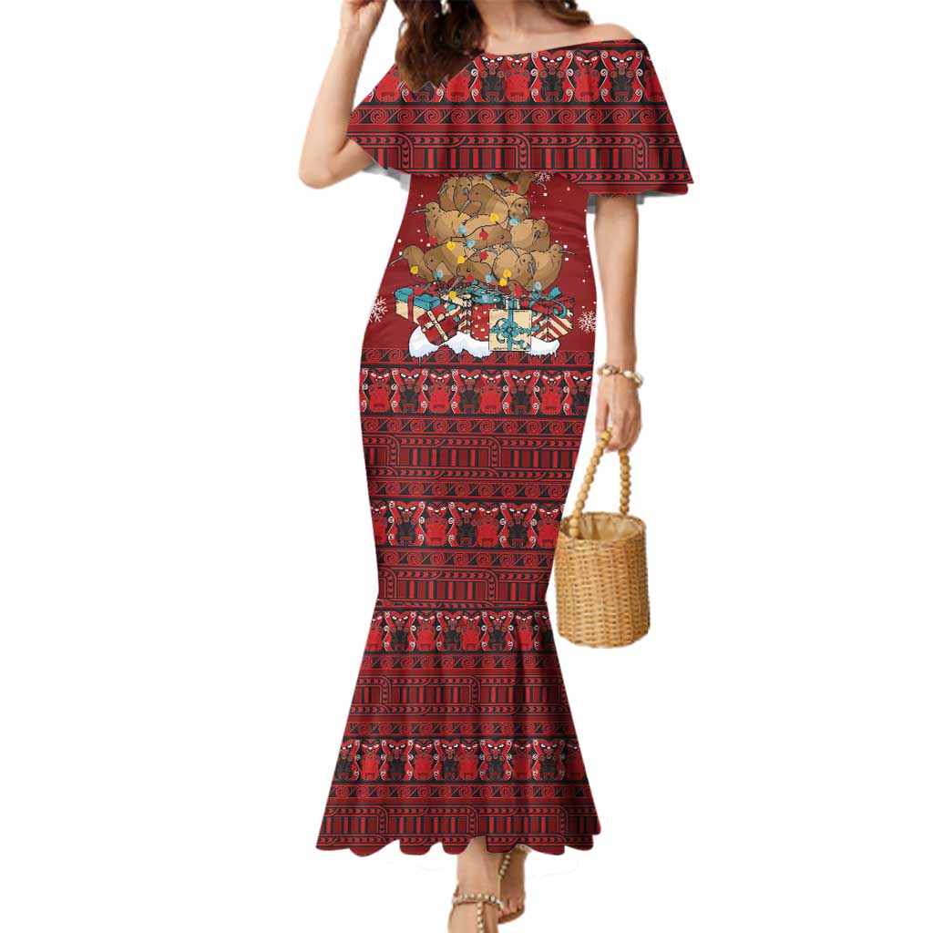 Funny Kiwi Bird Xmas Tree Family Matching Mermaid Dress and Hawaiian Shirt New Zealand Tribal Christmas Spirit LT9 Mom's Dress Red - Polynesian Pride