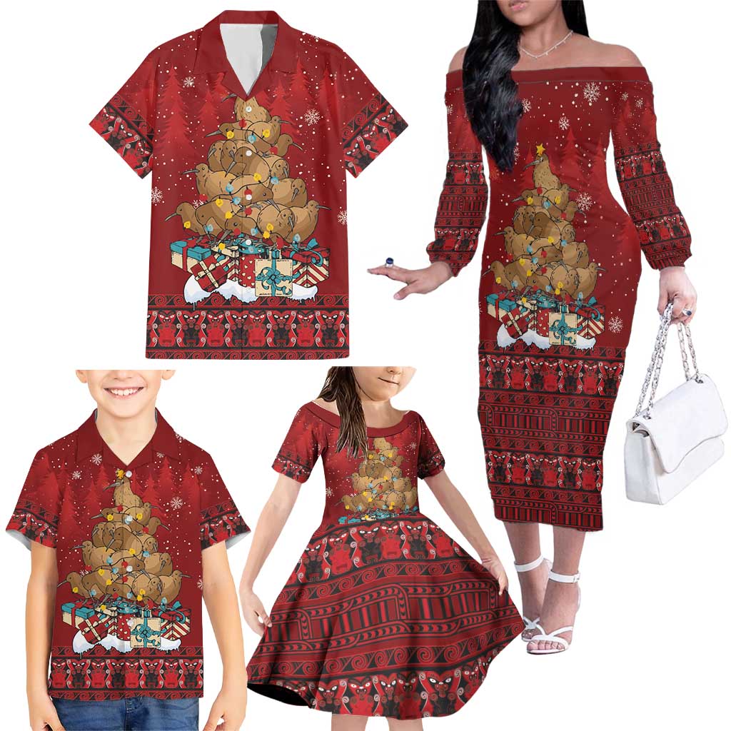 Funny Kiwi Bird Xmas Tree Family Matching Off The Shoulder Long Sleeve Dress and Hawaiian Shirt New Zealand Tribal Christmas Spirit LT9 - Polynesian Pride